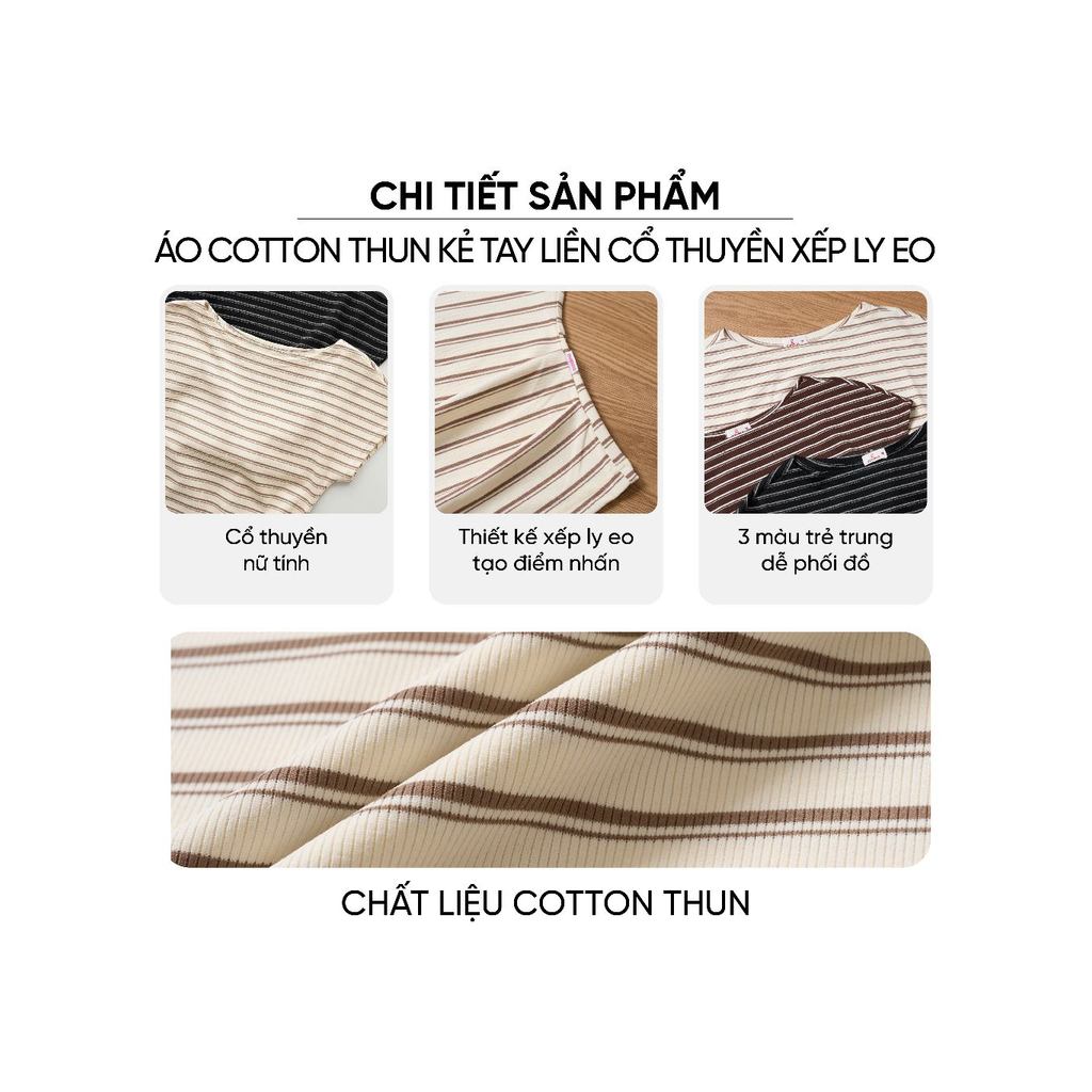 Áo thun nữ CARDINA Cotton thun kẻ tay liền cổ thuyền xếp ly eo 6ATC22