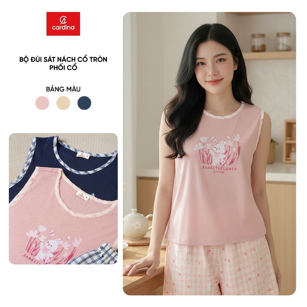 Bộ đồ mặc nhà nữ CARDINA chất liệu tăm lạnh sát nách cổ tròn và quần đùi thô 6BFN01