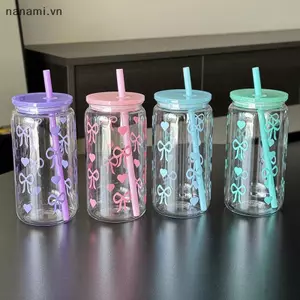 16oz Nơ Màu Hồng Cốc Cà Phê Sữa Trong Suốt Có Ống Hút Du Lịch Ngoài Trời Ins Nước Uống Cốc Nước Nhà Bếp [VN]
