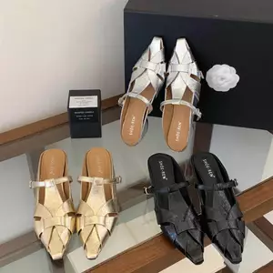 T TT Dệt T-Strap Dép Nữ Bên Trong Tăng Chiều Cao Thoải Mái Nửa Dép Muller Giày Da Thật Rỗng