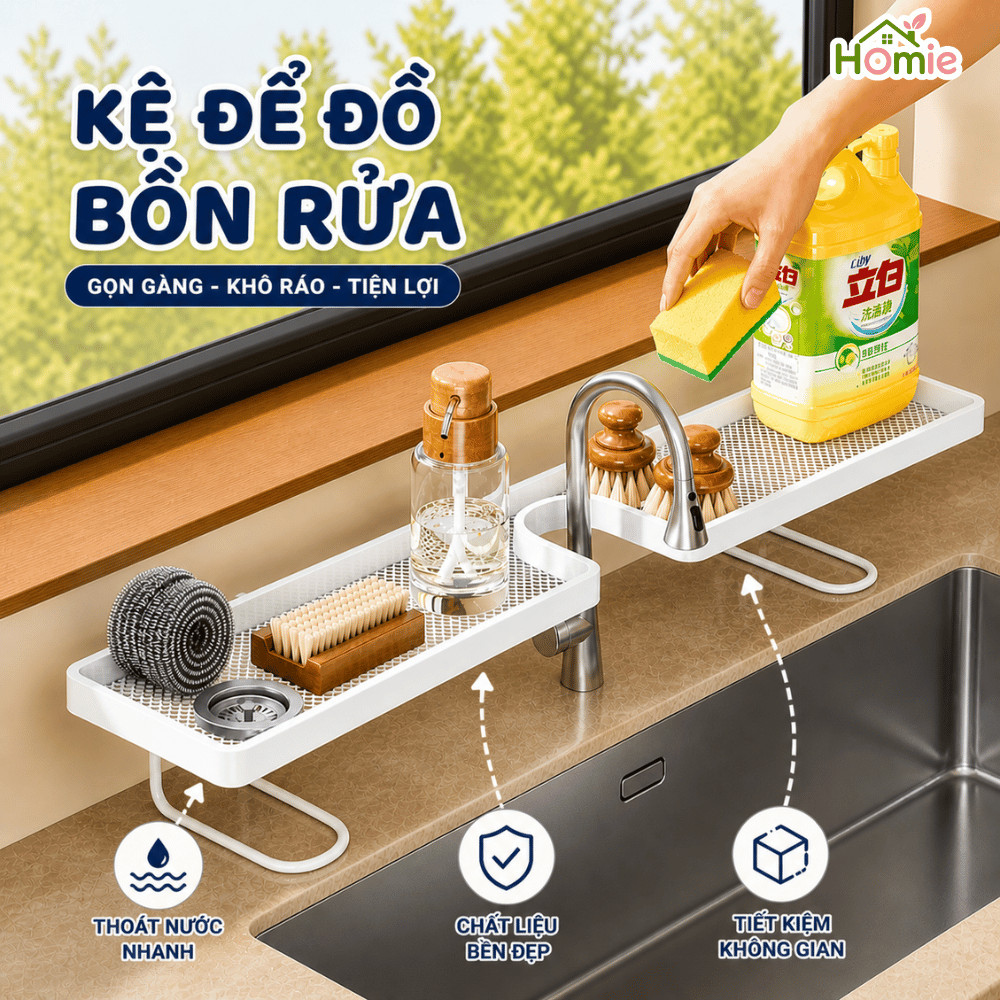 Kệ Để Bồn Rửa Bát, Kệ Để Đồ Rửa Chén HOMIE, Giá Để Mỹ Phẩm Rãnh Chữ U Tiện Dụng, Chống Gỉ, Bền Đẹp