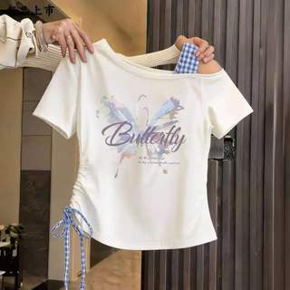 Áo thun bé gái cotton dễ thương - áo trễ vai họa tiết bướm thời trang mùa hè mỏng nhẹ