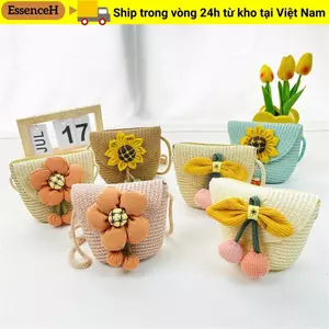 Túi cói nữ ESSENCEH, Túi đeo vai ống hút đáng yêu hoa dễ thương, Ví đựng tiền xu Túi xách thủ công