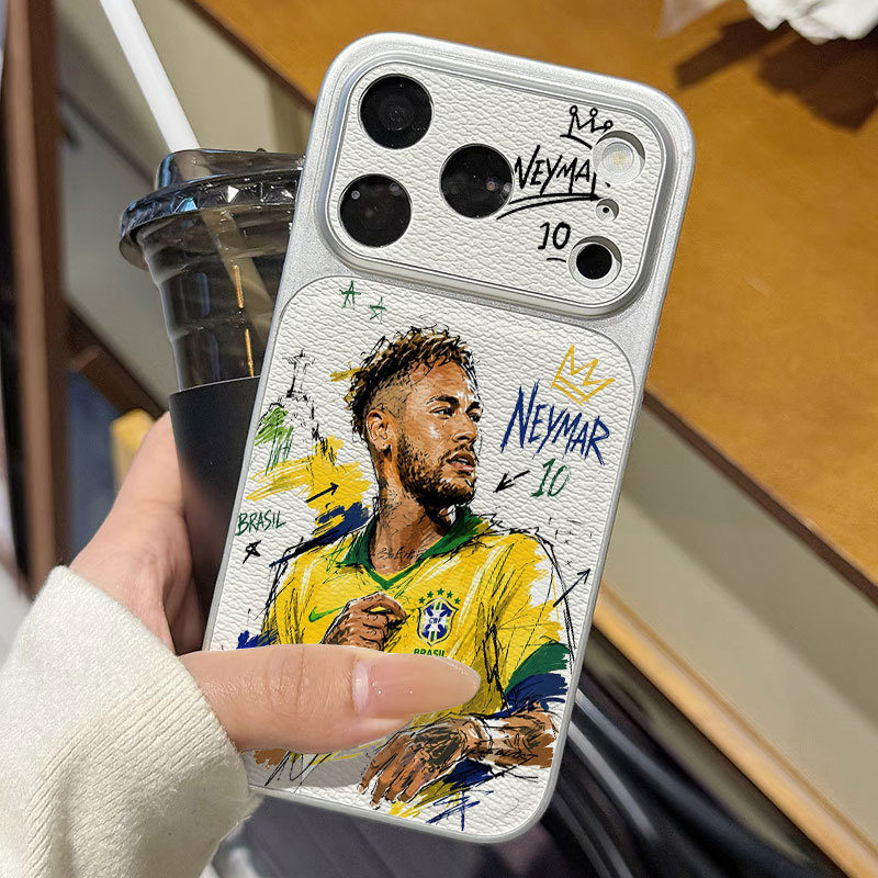 Ốp lưng iPhone Họa tiết da mạ phong cách Brazil Số 10 Neymar iPhone 17 16 15 14 13 12 11 Pro Max Plus Max