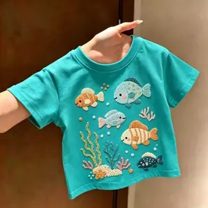 Trẻ em (90-140) Áo thun thêu giả phong cách mới mùa hè Áo thun ngắn tay hoạt hình dễ thương