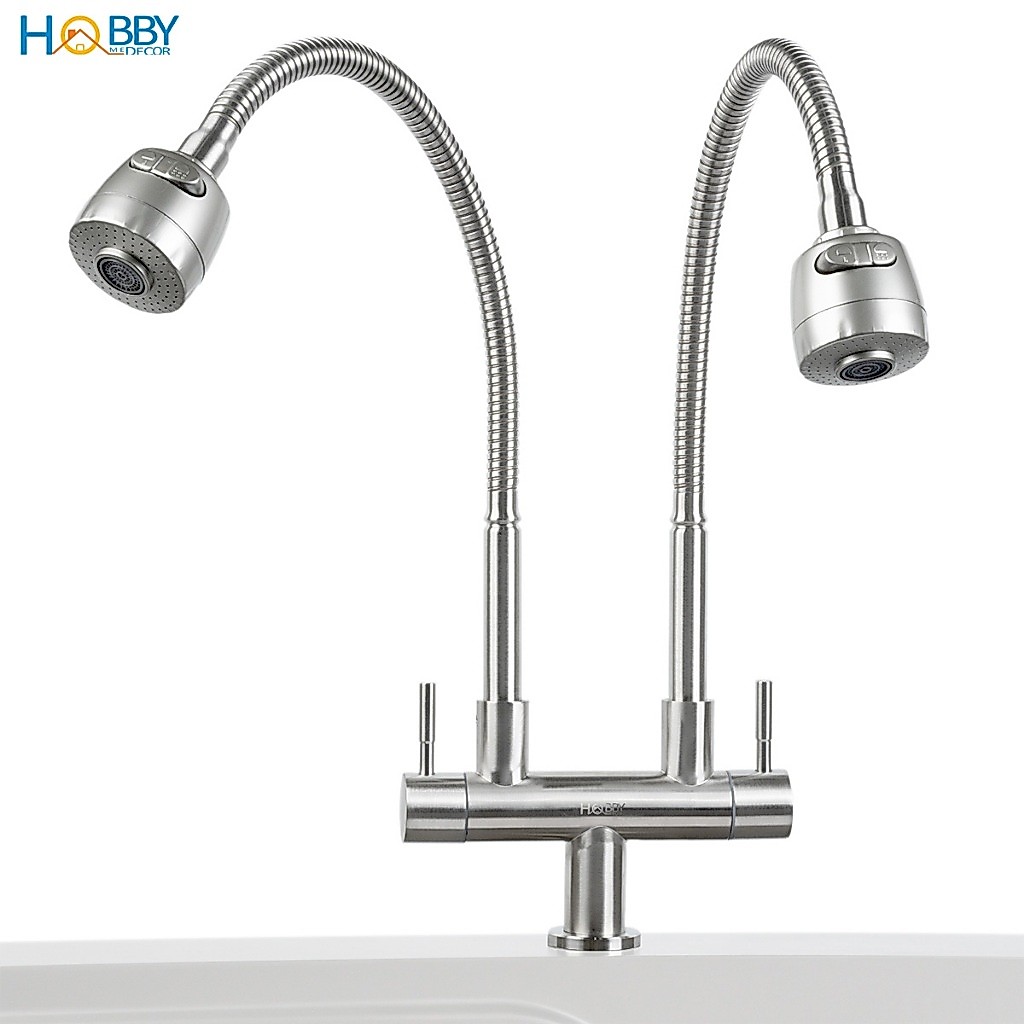 Vòi rửa chén 2 đầu tăng áp thân lò xo inox 304 Hobby home decor 2TA