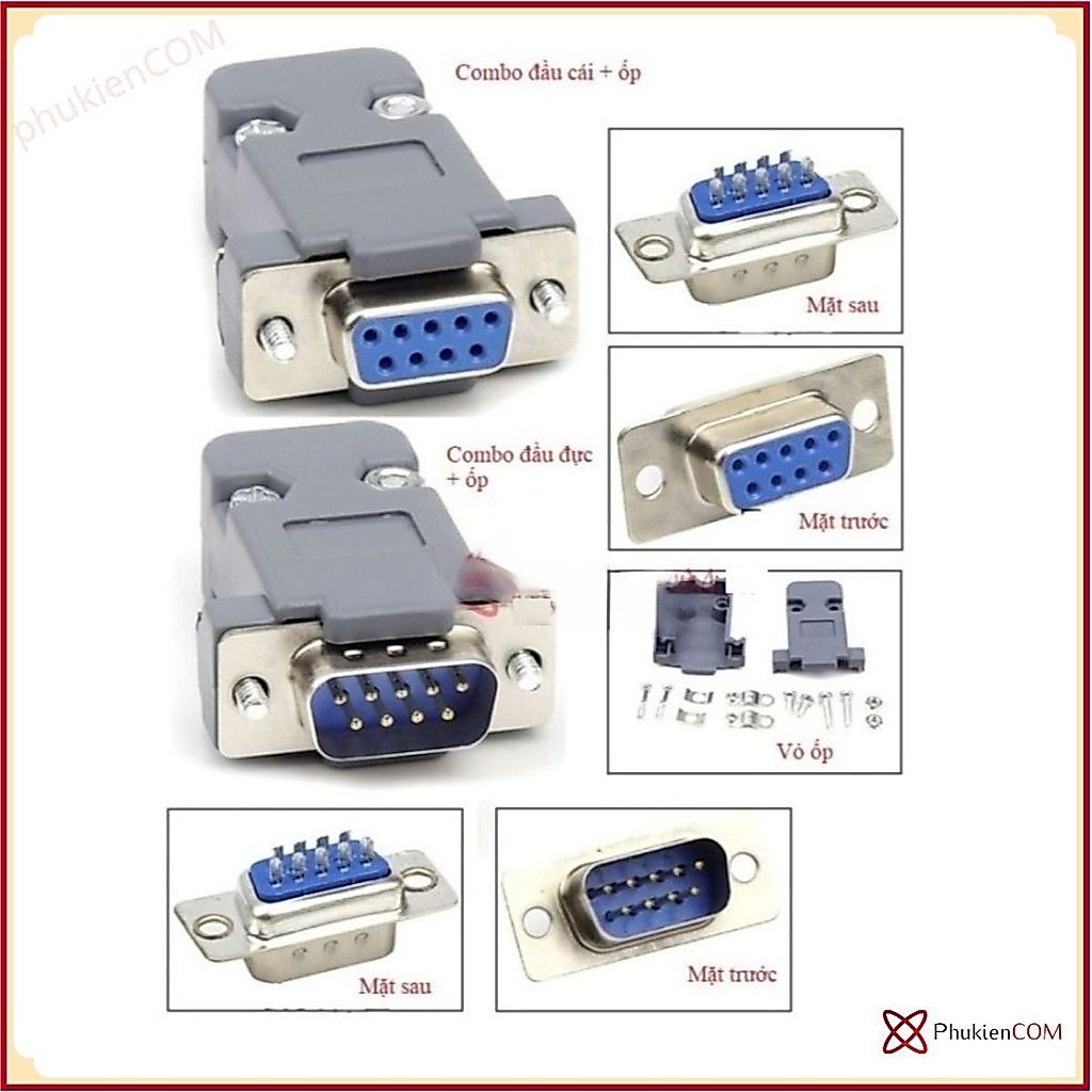 Combo đầu hàn COM DB9 RS232 đực, cái + vỏ ốp nhựa vặn ốc