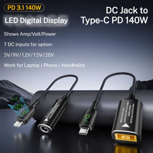 Laptop DC Jack 6.0x3.7 / 4.5x3.0 / 7.4x5.0 / 5.5x2.5 sang Type-C PD 140W Cáp sạc nhanh, có màn hình kỹ thuật số LED, cho MacBook, Galaxy S23, Switch, Rog Ally, Nylon bện