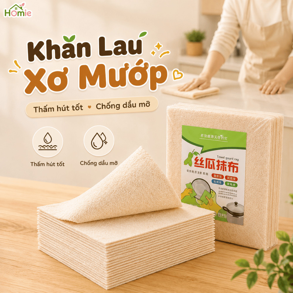 Set 10 Khăn Lau Xơ Mướp Sợi Tự Nhiên Thấm Hút Tốt HOMIE, Khăn Lau Chén Dĩa Chống Dầu Mỡ, Tái Sử Dụng