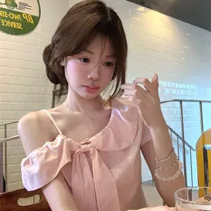Áo sơ mi đeo vai nơ màu hồng dịu dàng ngọt ngào ngọt ngào dành cho nữ mùa hè Ánh sáng không đều sang trọng eo hẹp