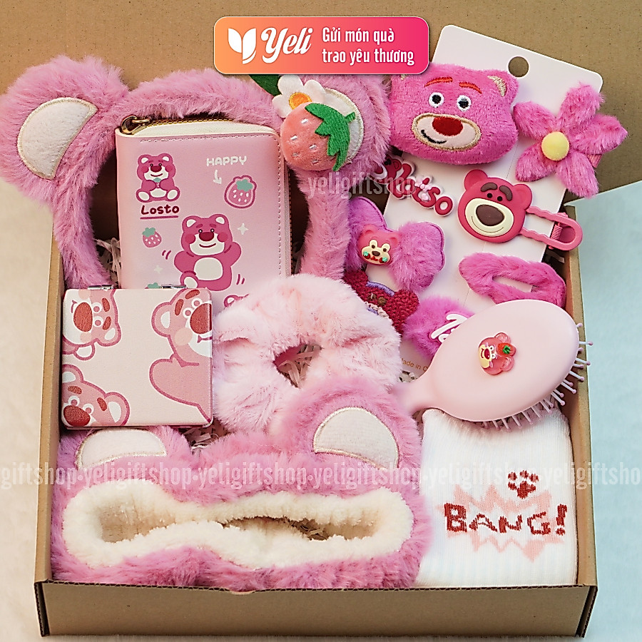 Set quà tặng Gấu Dâu Lotso phụ kiện tone hồng xinh xắn, Hộp quà tặng Lotso Gấu Dâu tặng bạn gái, người yêu, bé gái