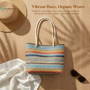 BeautifulHomeA Ống Hút Dệt Túi Tote Thời Trang Sọc Cầu Vồng Tay Cầm Cotton Chống Trơn Trượt Thoáng Khí Cho Mùa Hè Đi Biển Du Lịch Thường Ngày VN