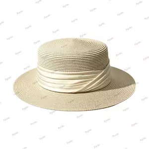Mũ chống nắng mùa hè PYCOU, Mũ ống hút có thể điều chỉnh vành rộng, Trang trí ruy băng kiểu Pháp Mũ phẳng đa năng thoáng khí cho nữ