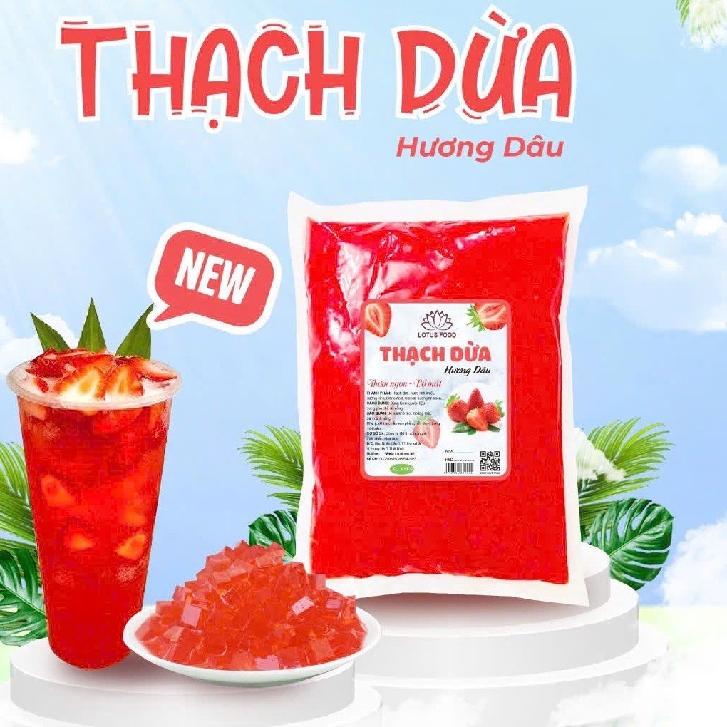 [THÙNG 10 BỊCH] Thạch dừa Lotus DÂU bịch 1.5kg - topping trà, trà sữa