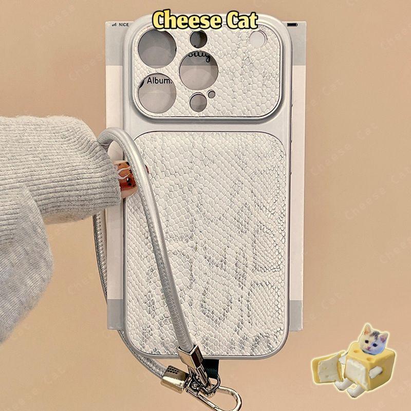 Ốp điện thoại da cao cấp có dây buộc màu bạc đơn giản thời trang cho iPhone 12 13 11 14 15 16 17 Pro Max Xs Max XR