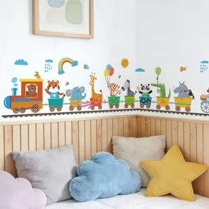 Decal Dán Tường Hình Đoàn Tàu Động Vật Dễ Thương Có Keo Sẵn 131x30cm - Trang Trí Phòng Bé