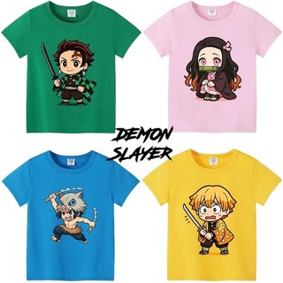 Áo thun Demon Slayer Áo thun cotton hoạt hình trẻ em màu sắc giản dị hàng đầu thời trang ngắn tay quần áo đa năng