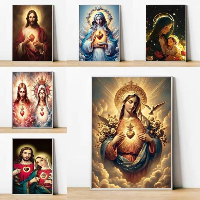 Nghệ thuật treo tường Scandinavia cổ điển của Đức Trinh Nữ Maria và Thánh Tâm Chúa Giêsu. Poster Christian HD để in vải canvas cho trang trí nhà, phòng ngủ và phòng khách