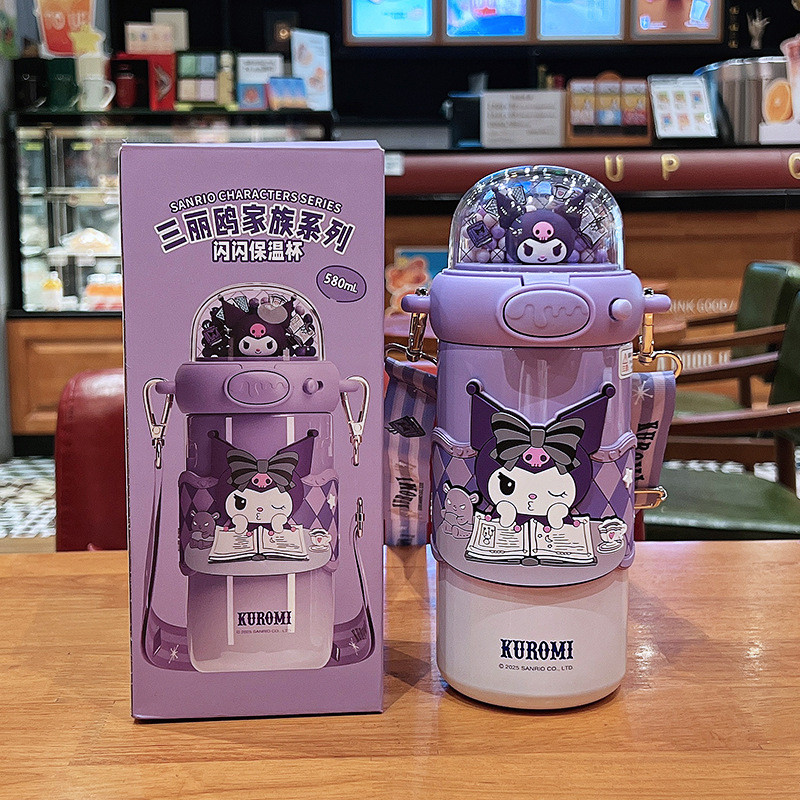 Bình Giữ Nhiệt Sanrio 580ml Dễ Thương Hello Kitty Kuromi Cinnamoroll Giai Điệu Hoạt Hình Dung Tích Lớn Ống Hút Bình Inox