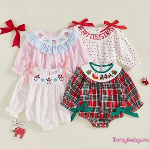 Bộ áo liền quần dài tay cổ tròn thêu cho bé gái
