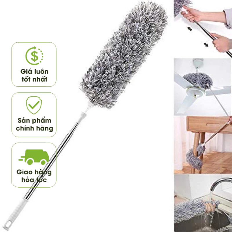 Chổi Phất Trần Kéo Dài Cán Inox- Chổi Quét Trần Rút Gọn, Lau Bụi, Quét Trần Nhà Thông Minh