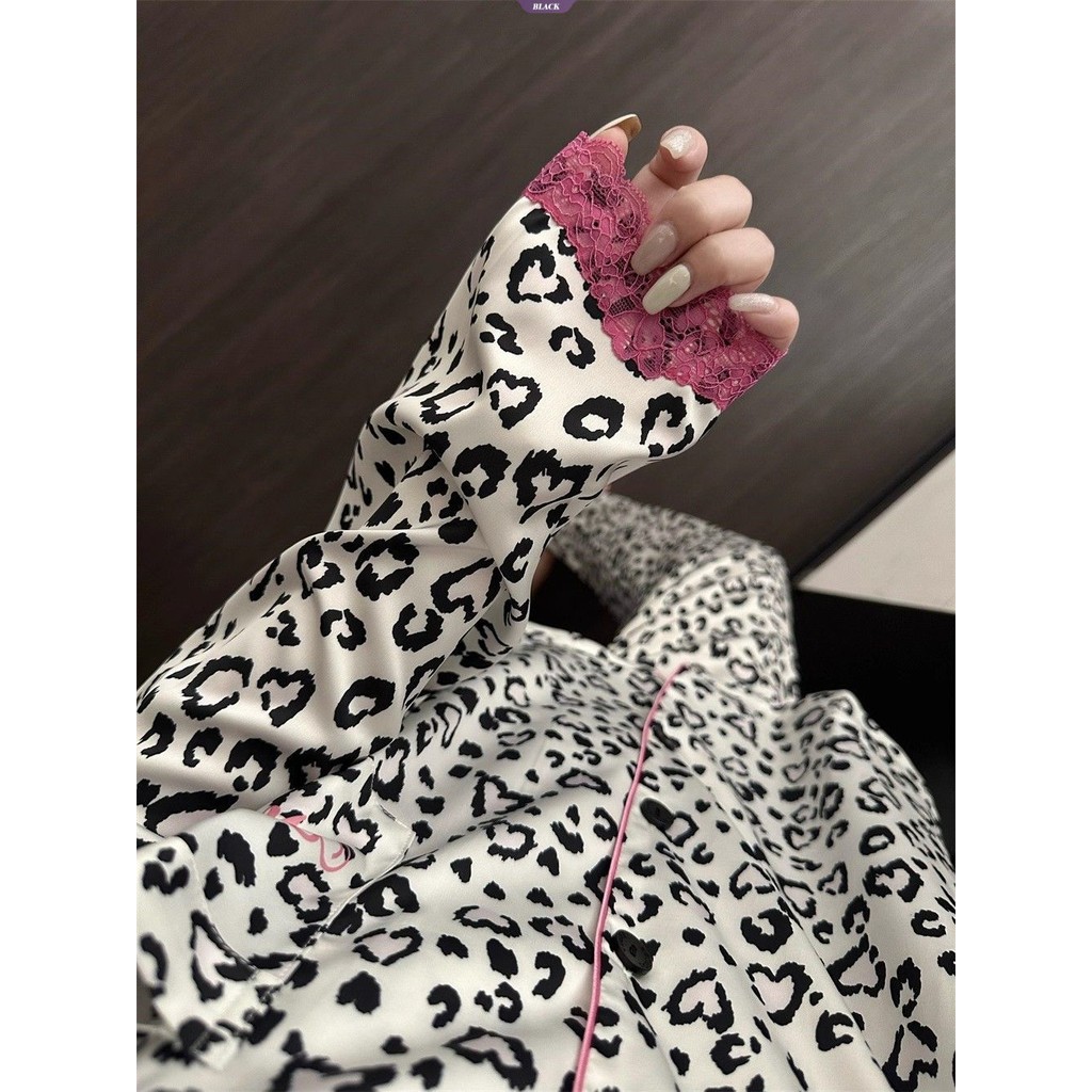 Bộ Đồ Ngủ Nữ Thu Đông Ren Pháp Da Báo Màu Mèo - Quần Dài Tay Loàngwear Suit