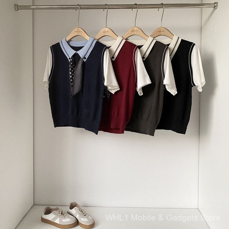 Mùa thu 2025, váy hai mảnh preppy style phong cách Hàn Quốc, tay ngắn dáng vest giả