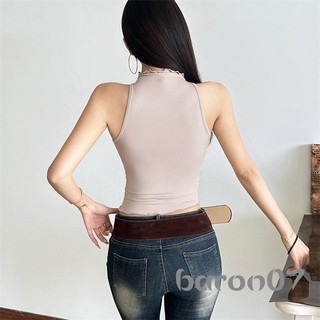 Áo Crop Top Mùa Hè Cho Nữ Màu Trơn Cổ Cao, Thiết Kế Thắt Nút Trước, Form Slim Fit