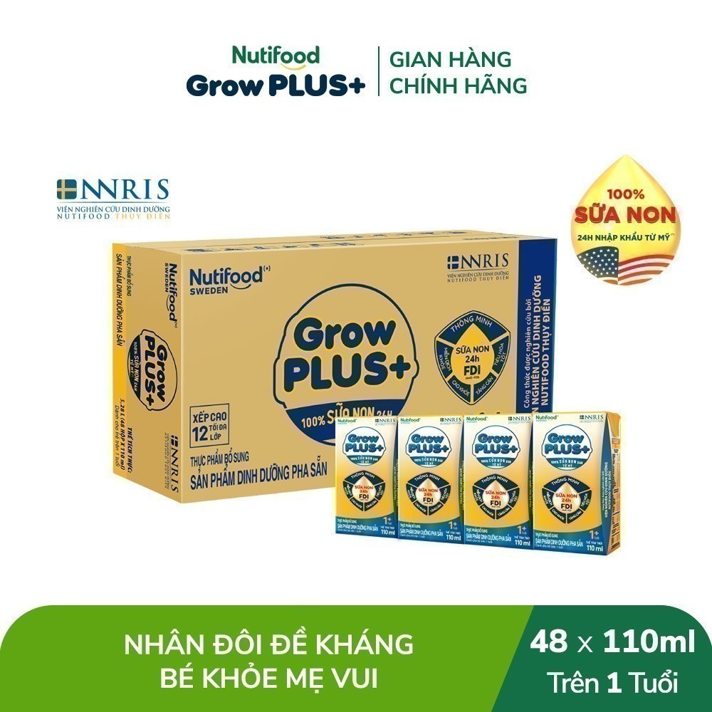 Thùng 48 hộp sữa bột pha sẵn Nutifood GrowPLUS+ Vàng (Sữa Non Tăng Đề Kháng) 110/180ml - (48 Hộp ) Date Mới