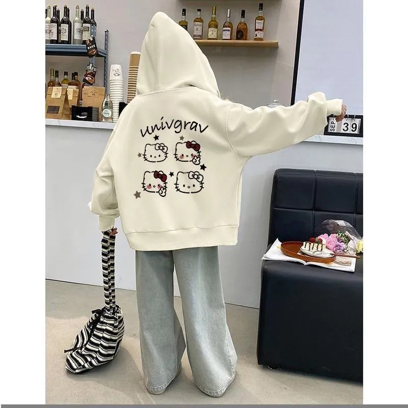 Hoạt Hình Hello Kitty Cardigan Có Mũ Trùm Đầu Mùa Xuân Thu Áo Khoác Bé Gái Thu Đông Phong Cách Mới Vừa Lớn Trẻ Em Lông Cừu Lót Dây Kéo Swe