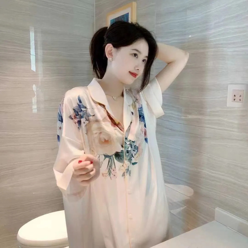 Hàng sẵn có Phiên bản Hàn Quốc Ice Silk Váy ngủ nữ mỏng gợi cảm Bộ đồ ngủ cao cấp nhẹ sang trọng dáng rộng Homewear nữ