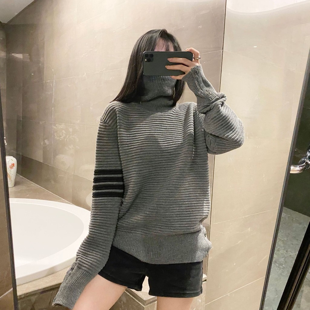 thombrowne 8879High Neck Striped Sweater Knitted High Neck Pullover Fashion Slim Round Neck Cotton Elegant Commuter Knitwear