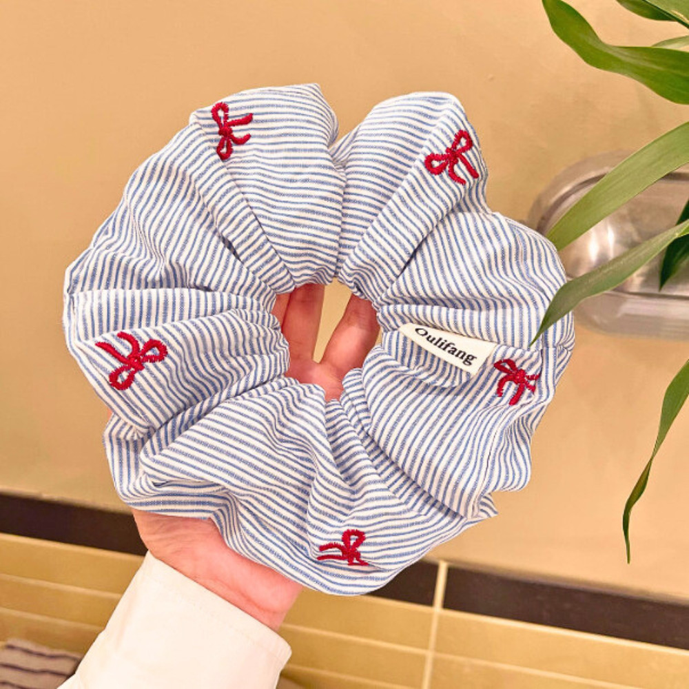 Dây buộc tóc nơ cherry thêu đỏ kẻ sọc, set đôi dây chấm bi vintage hàn quốc cho bạn gái