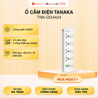 Ổ Cắm Điện Tanaka TNK-OD4424 - 2500W - 4 lỗ cắm điện + 4 cổng USB - Bảo hành chính hãng 12 tháng