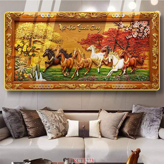 Tranh Tráng Gương Phẳng 5D - Mã Đáo Thành Công Lộc Bo Viền Vàng Cao Cấp - Quà Tặng Tân Gia, Trang Trí Cao Cấp