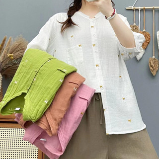 Hàng sẵn có] Áo sơ mi nữ 100% Cotton chất lượng cao Áo sơ mi thêu văn học Nơ tay ngắn tay trung bình Xanh đại học mùa hè hàng đầu