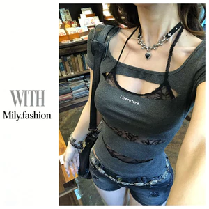 Milyfashion Giả Hai Mảnh Ren Khâu Rỗng Vai Trước Tay Ngắn T Mùa Hè Slim-Fit Mỏng Hơn Nhìn Ngắn Top Y2K HIBN