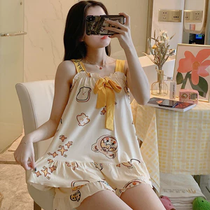 Bộ Đồ Ngủ Hai Dây Thắt Nơ Mùa Hè Xuyên Biên Giới Bộ Đồ Vest Mùa Hè Thiếu Nữ Bộ Đồ Mặc Nhà Cỡ Lớn Hoạt Hình Dễ Thương