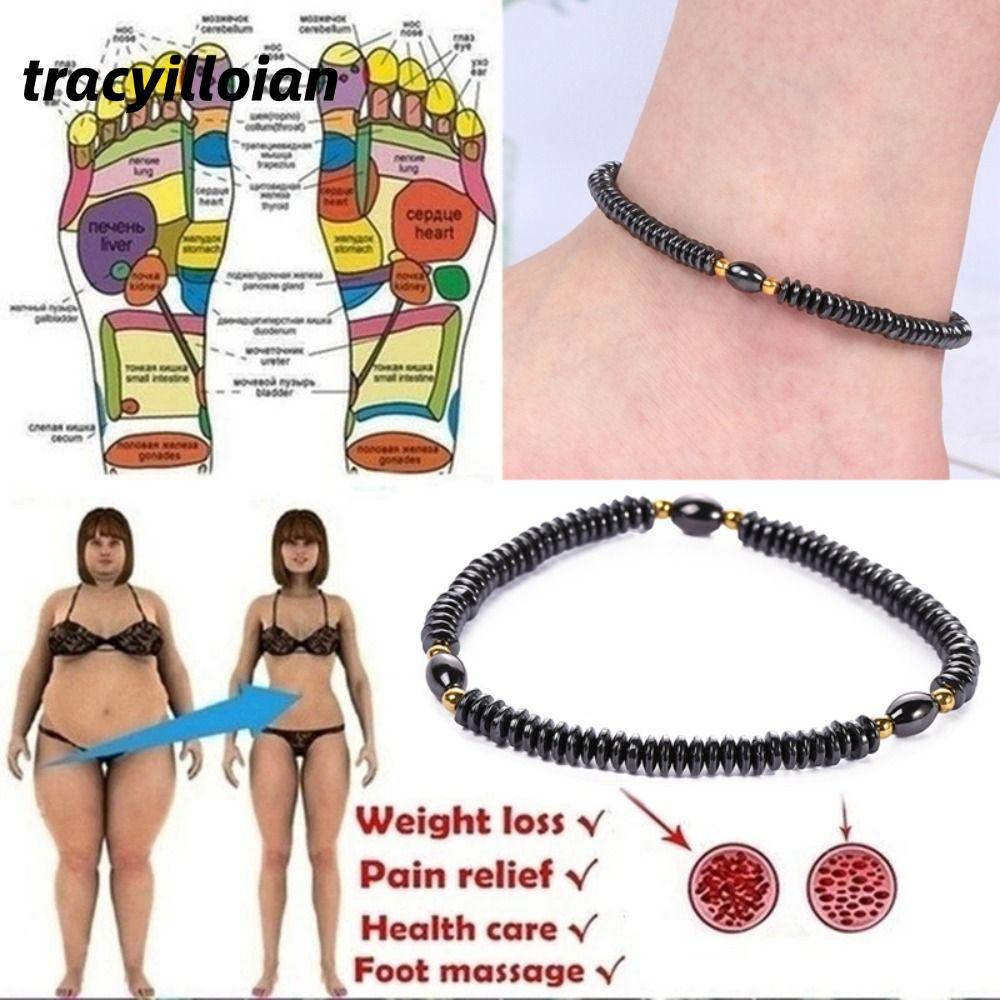 Vòng tay trị liệu từ tính TRACELIOIAN, Giảm đau Vòng chân nam châm giảm cân hạt phẳng, Trang sức sức sức khỏe Giảm béo Dây xích chân màu đen dành cho nữ