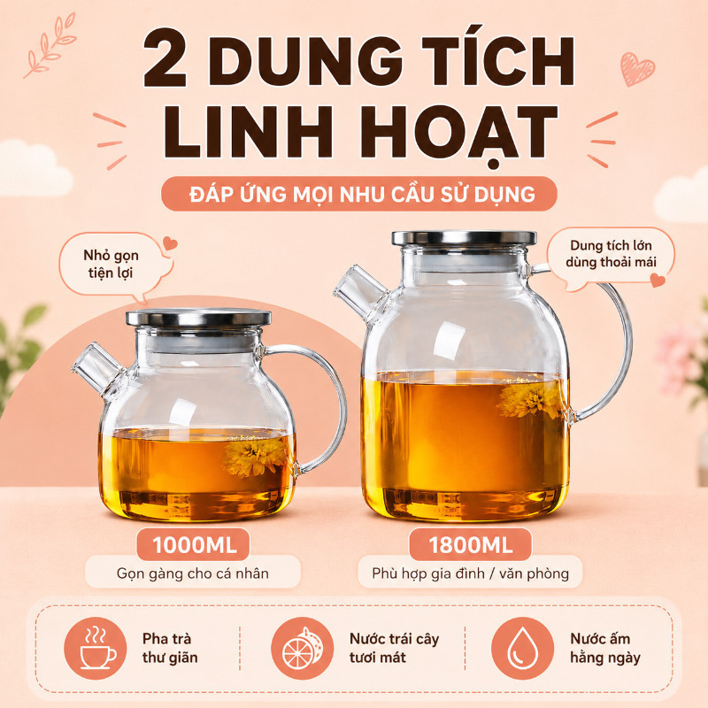 Bình Thủy Tinh Borosilicate - Nắp Inox 304, Chịu Nhiệt, Dung Tích 1000-1800ml, Uống Nước An Toàn & Lành Mạnh