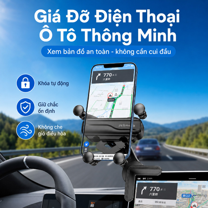Giá đỡ điện thoại ô tô kẹp màn hình, xoay 360°, khóa tự động chắc chắn, hỗ trợ xem bản đồ
