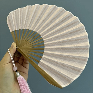 Quạt cầm tay gấp SENRTY, Quạt vỏ Mini bằng vải lanh Cotton màu trơn, Khung tre cổ điển với tua rua Hình vỏ Retro Quạt cầm tay Đạo cụ khiêu vũ