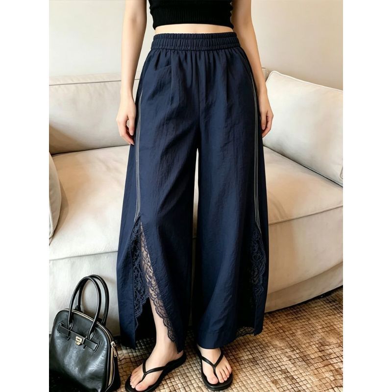 [Hàng mới về] Quần ống rộng khâu ren màu xanh đậm, dáng ôm hơn vừa vặn độc đáo khổng lồ đẹp béo mm Nhỏ giản dị Tất cả @