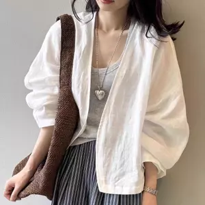 Áo khoác Cardigan Ramie cao cấp dành cho nữ mùa hè mỏng nhỏ dáng rộng áo sơ mi trắng