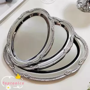 Khay bạc TOPTOOLCX, Đĩa ăn nhẹ hình bầu dục màu bạc, Hộp đựng đồ trang sức dập nổi cổ điển Trang trí bàn ăn