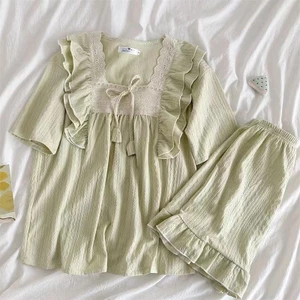 Đồ Ngủ Cổ Vuông Ren Mùa Hè Giả Cotton Jacquard Ngắn Tay Quần Short Nữ Mặc Nhà Phong Cách Công Chúa
