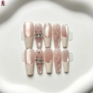 Bấm vào Móng Tay 10 Miếng Dài Hình Quan Tài Màu Hồng Trắng Ombre Hiệu Ứng Mắt Mèo Nhựa Có Thể Tái Sử Dụng Móng Tay Giả Cho Nữ Tiệc Cưới Mặc Hàng Ngày