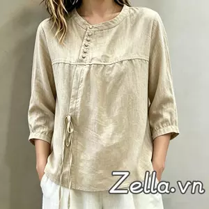 Áo kiểu nữ họa tiết vải lanh cổ điển màu trơn dáng rộng nửa tay có dây buộc bên có thể điều chỉnh