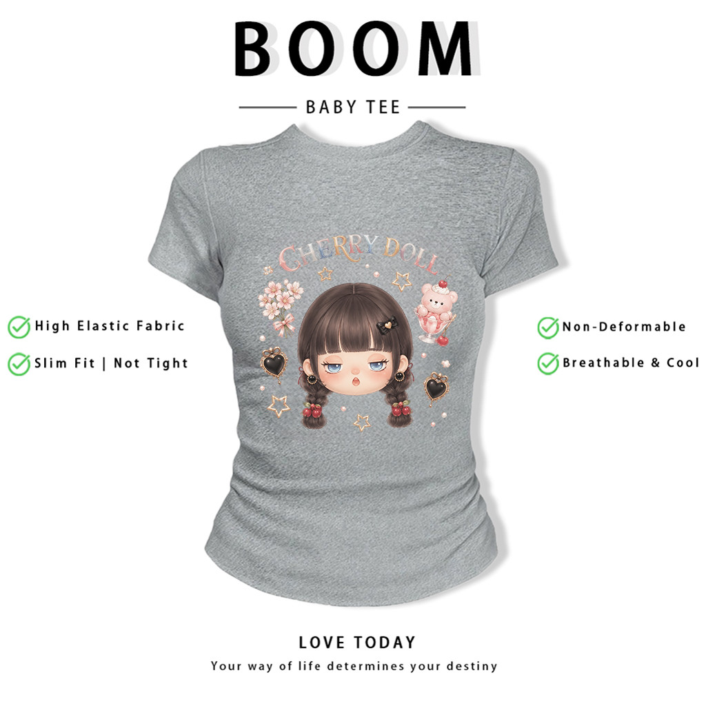 BOOM Áo Baby Tee Nữ Cotton Ôm Body-Áo Thun Ngắn Tay Y2K In Hình PhongCách Mùa Hè, Cổ Tròn Hàng Đầucách hàn quốc phong341