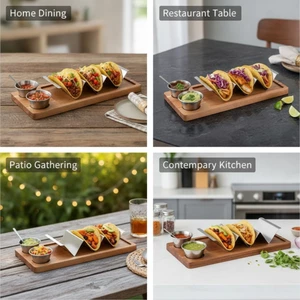 Bộ phục vụ Taco kèm thìa Bộ phục vụ thanh Taco bằng gỗ với hộp đựng gia vị hình chữ nhật bằng thép không gỉ cho chủ nhà